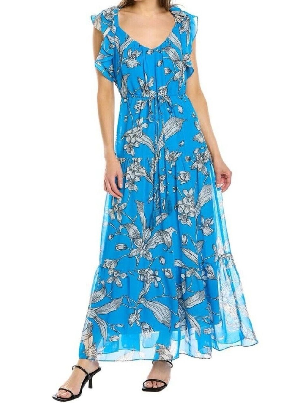 Taylor Blue Floral Tier Ruffle Maxi Dress Size M